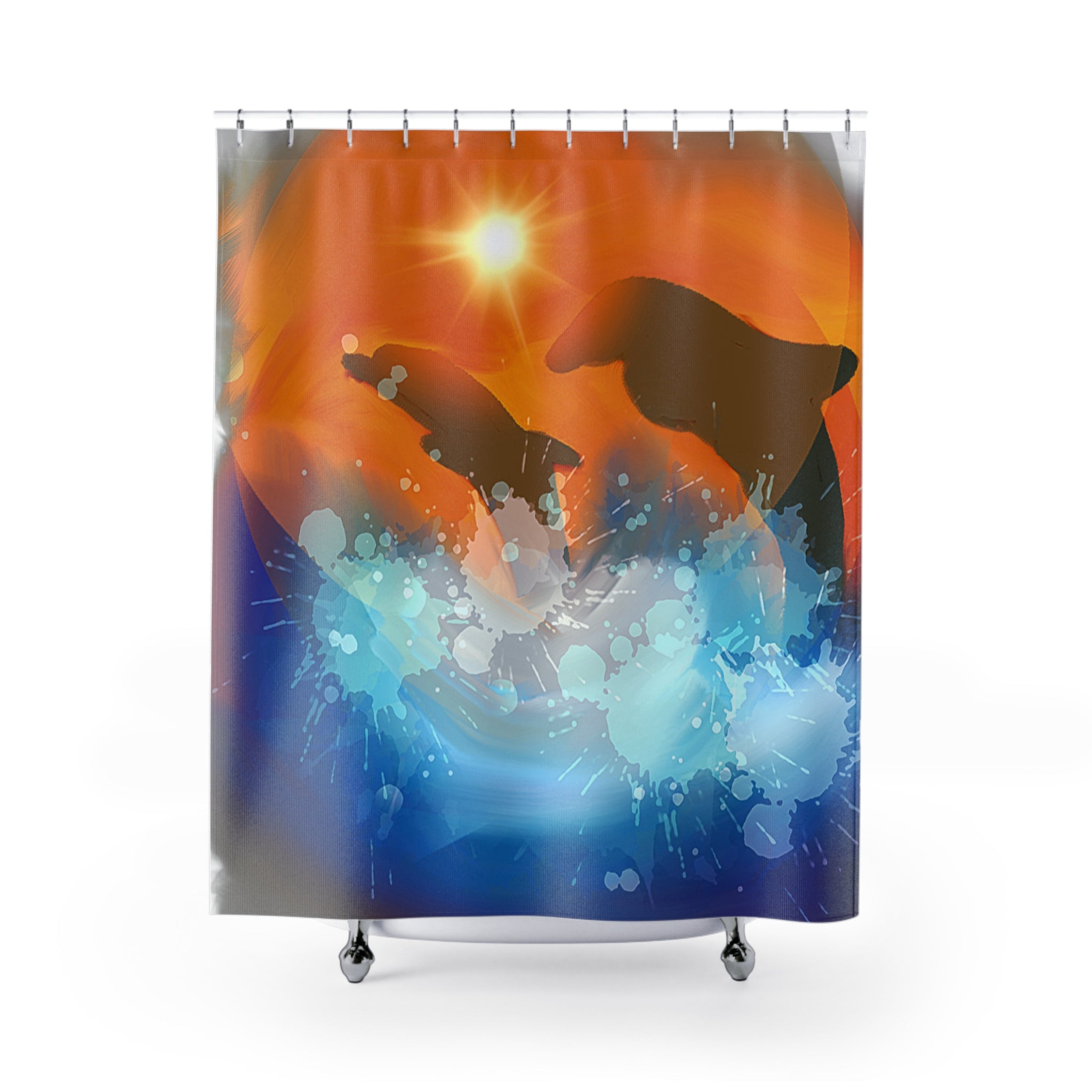 Dolphin Sunset Shower Curtain — Ocean Splash Silhouette Bath Decor
