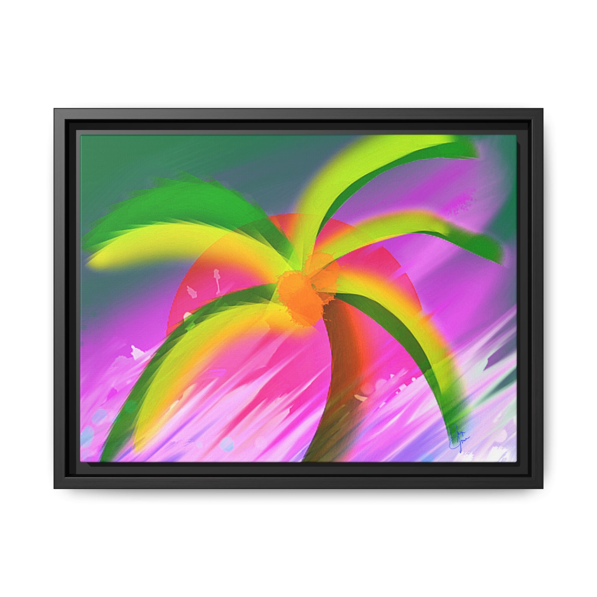 Framed Matte Canvas Print — Neon Palm Beach Art