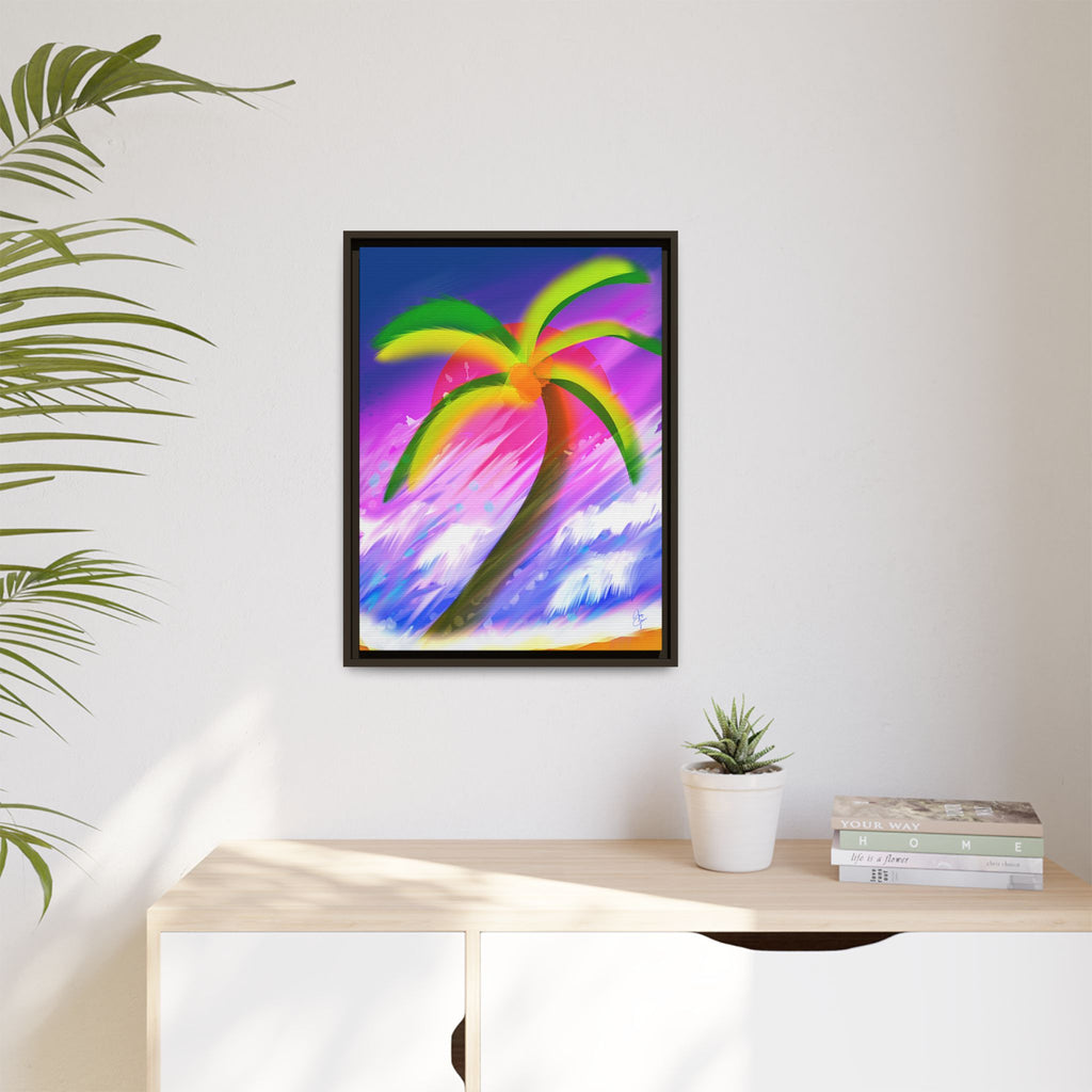 Framed Matte Canvas Print — Neon Palm Beach Art