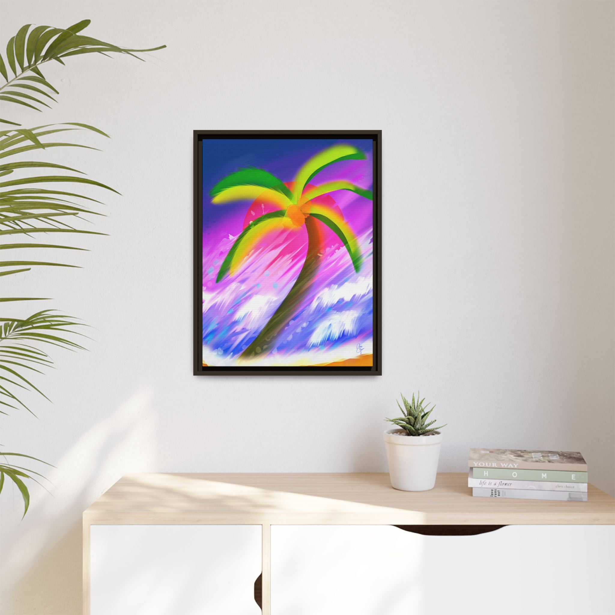 Framed Matte Canvas Print — Neon Palm Beach Art