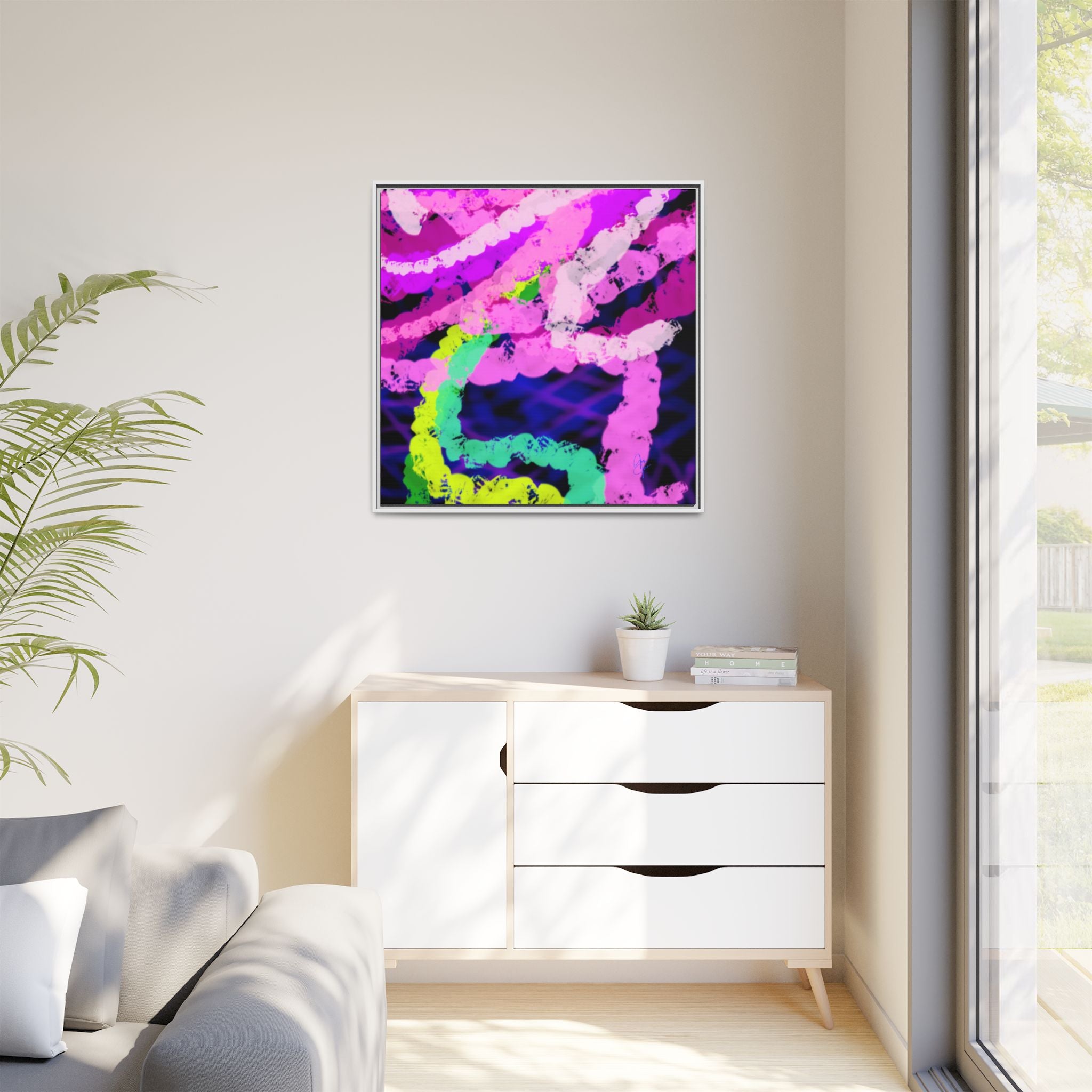 Framed Matte Canvas - Neon Rose Abstract Wall Art