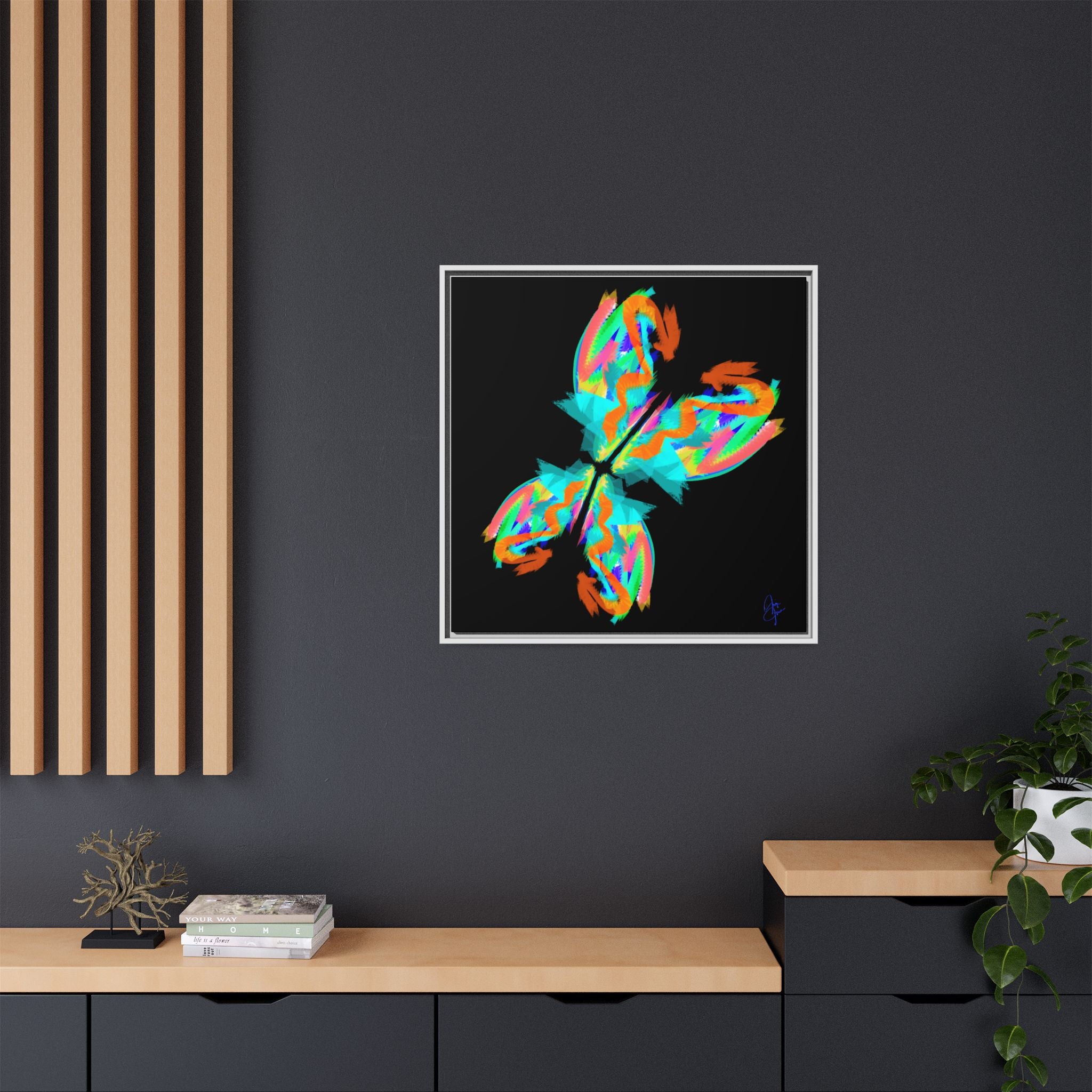 Framed Matte Canvas — Neon Abstract Butterfly Wall Art