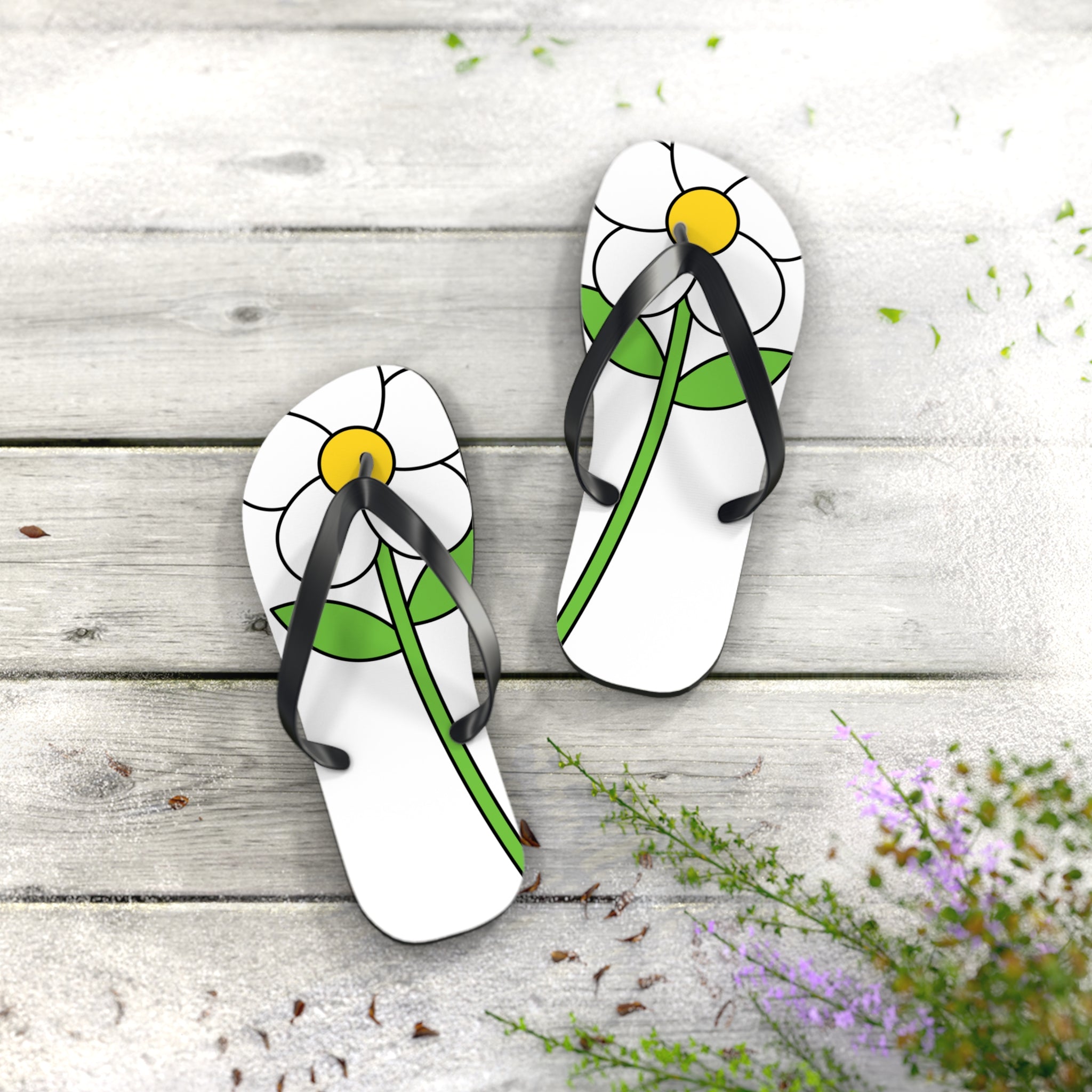 Daisy Print Flip Flops — Cute White & Yellow Flower Beach Sandals