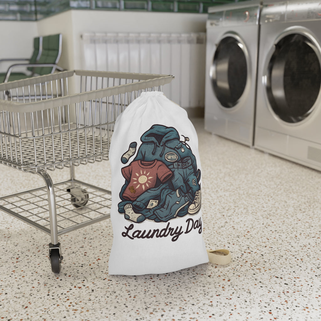 Laundry Day Drawstring Bag — Cute Pile of Clothes Graphic