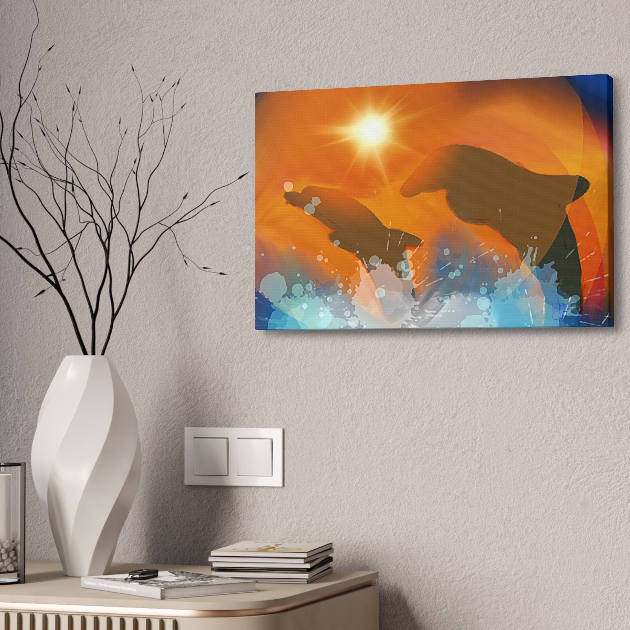 Sunset Dolphin Canvas Wall Art — Vibrant Ocean Sunset Stretch Canvas
