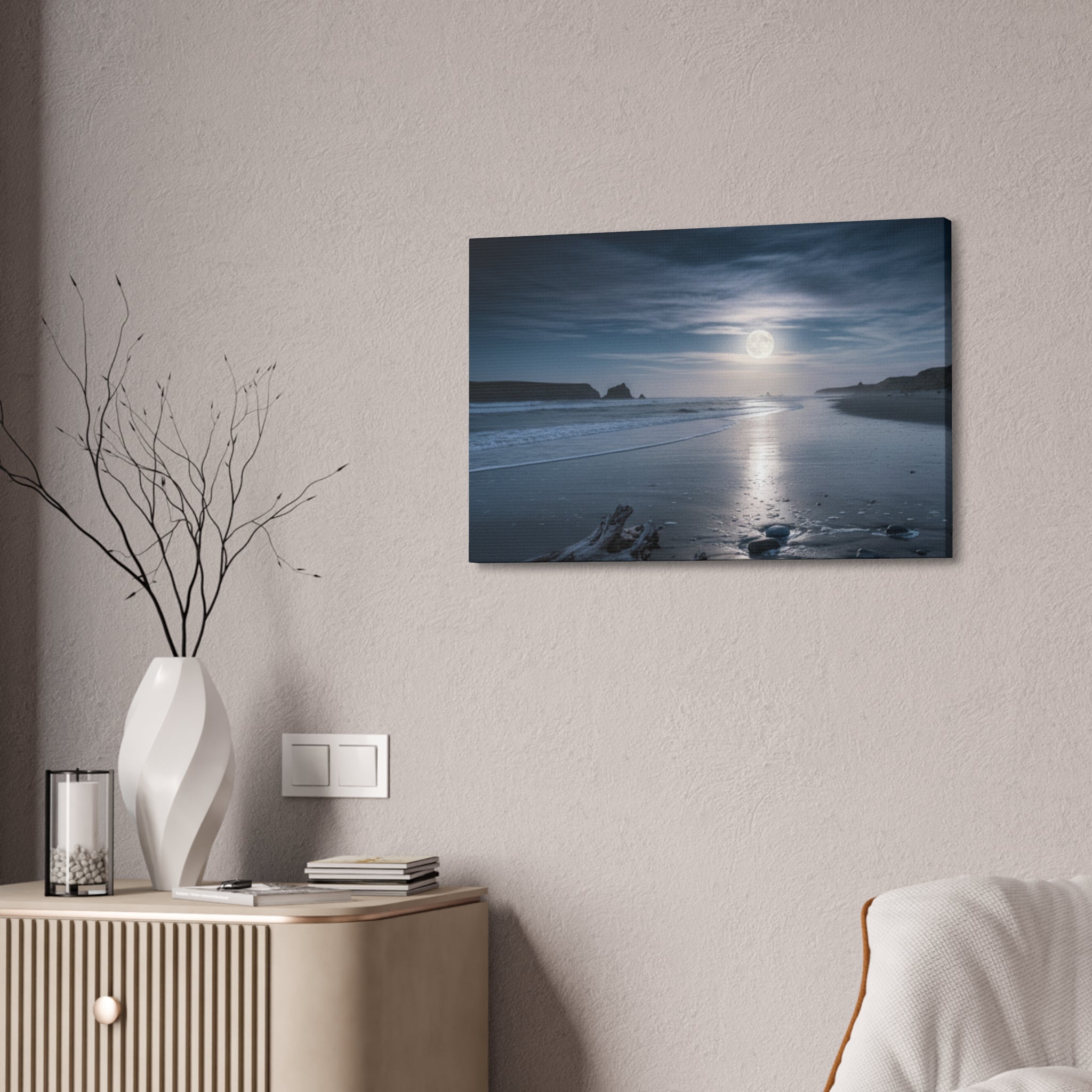 Moonlit Beach Canvas Wall Art — Tranquil Ocean Nightscape