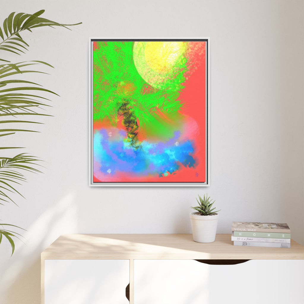 Abstract Neon Tree Matte Canvas Framed Art — Vibrant Green Moon Landscape