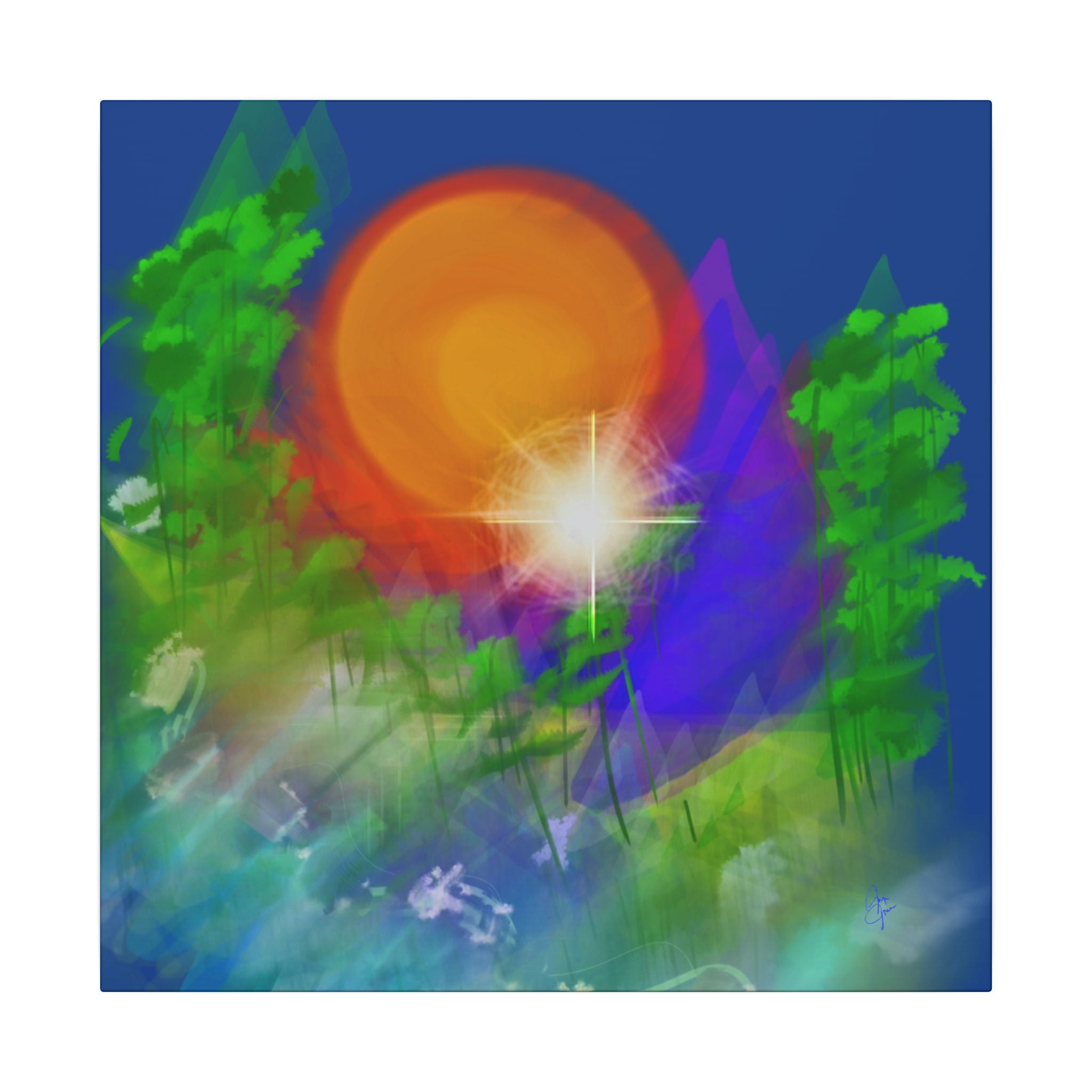 Sunburst Forest Matte Canvas Wall Art — Abstract Nature Landscape