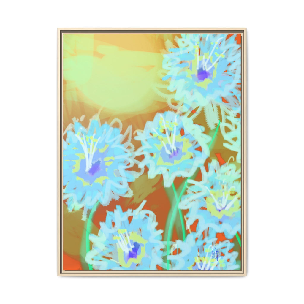 Framed Floral Canvas Art — Blue & Yellow Abstract Bouquet (Matte)