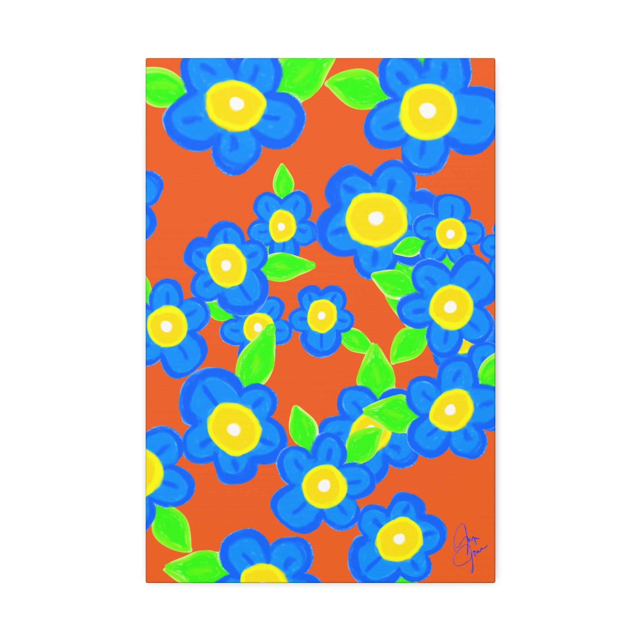 Blue Floral Canvas Wall Art — Bright Hand-Drawn Flowers on Mustard Background