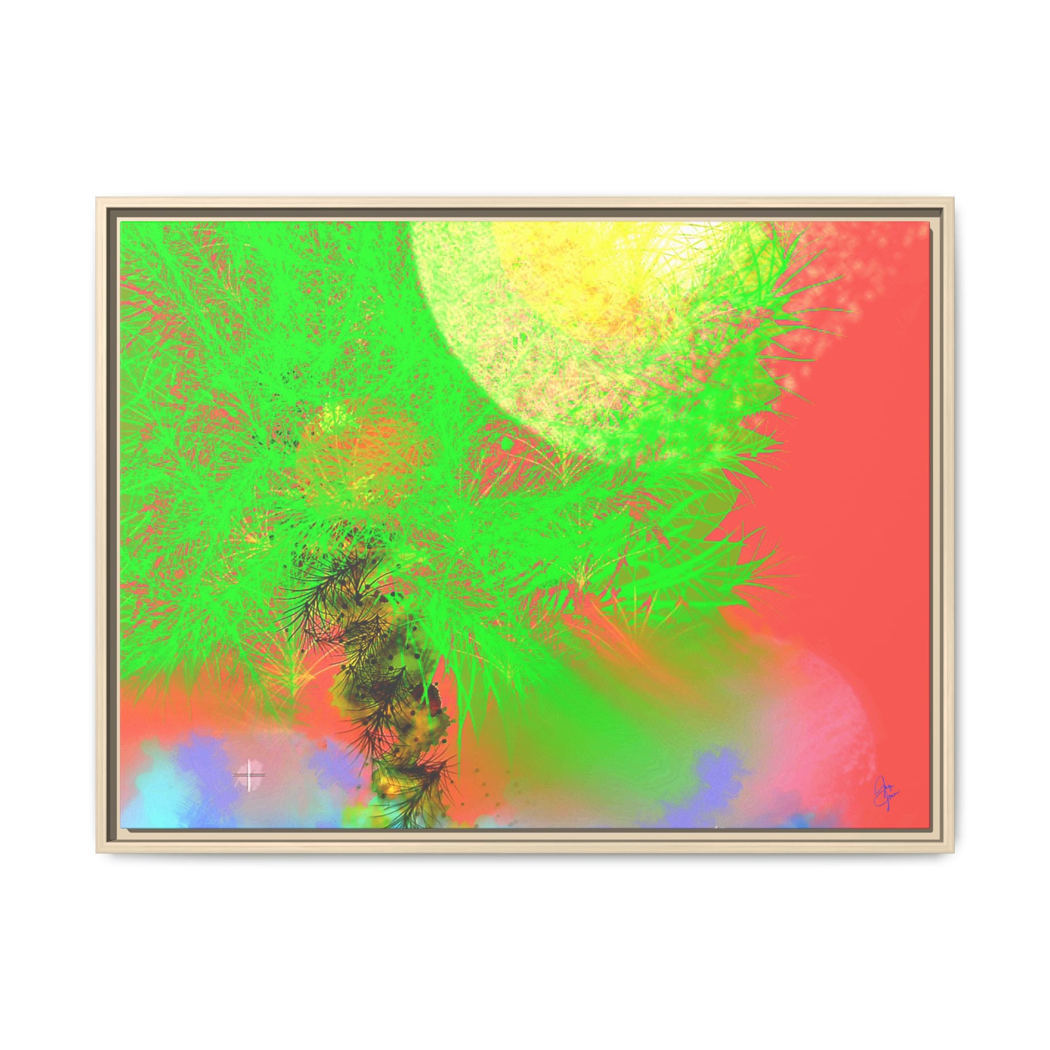 Abstract Neon Tree Matte Canvas Framed Art — Vibrant Green Moon Landscape