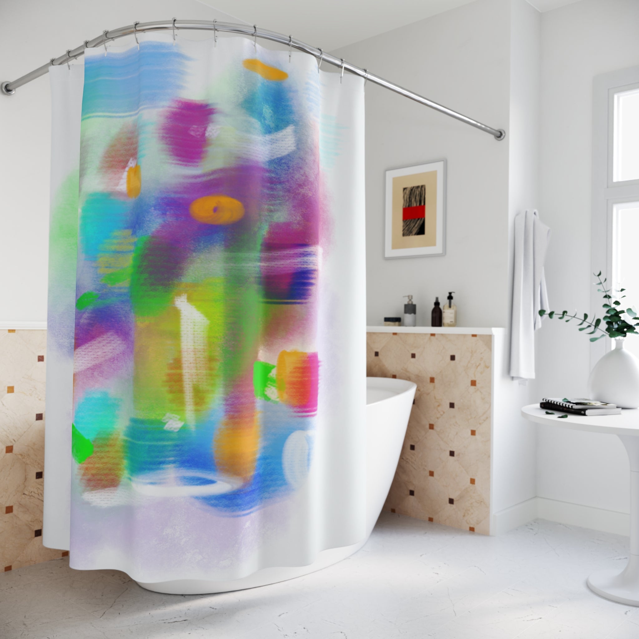 Abstract Watercolor Shower Curtain — Colorful Blurred Floral Bath Decor