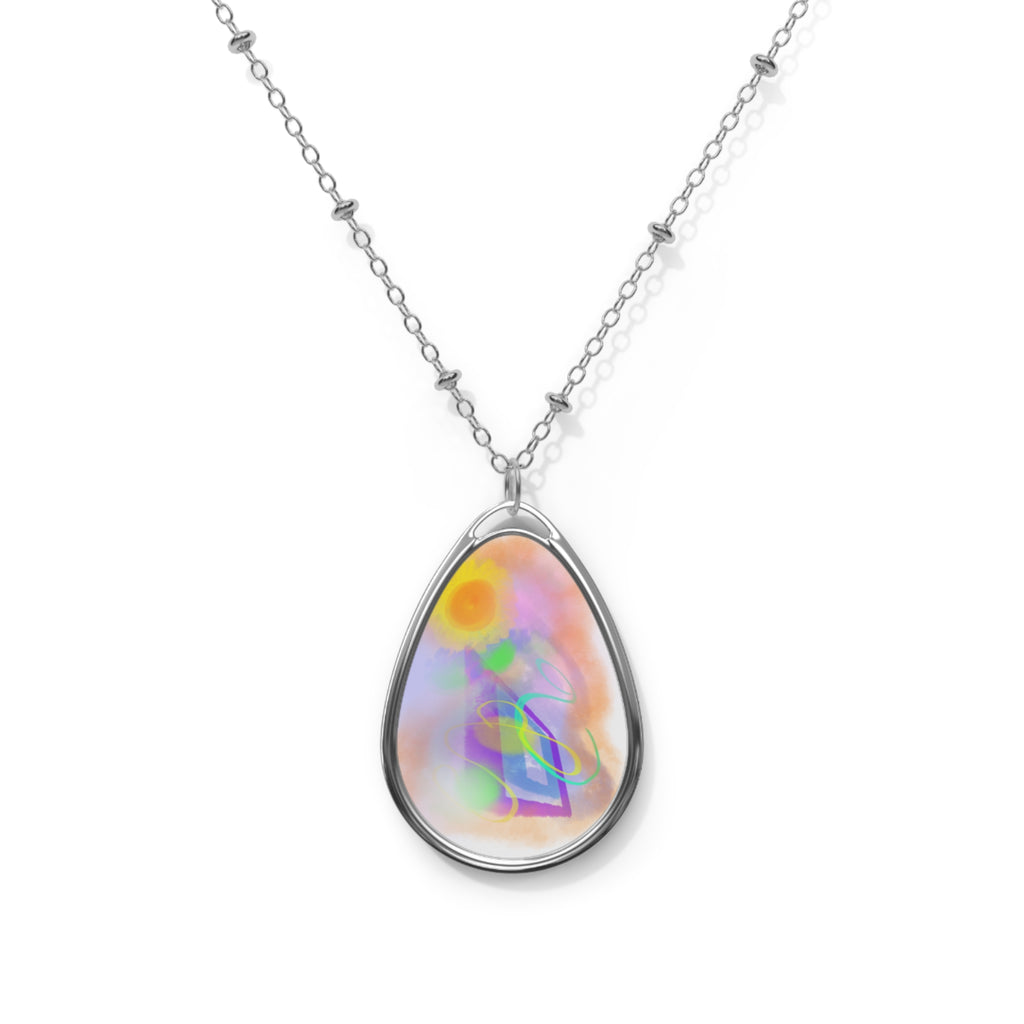 Oval Necklace - Iridescent Abstract Teardrop Pendant Necklace
