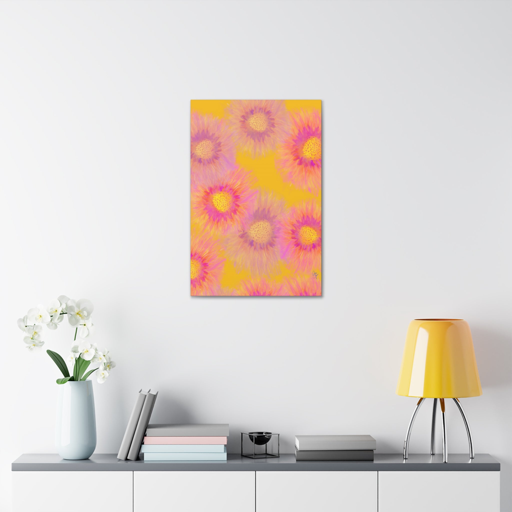 Sunburst Floral Canvas Wall Art — Pink & Yellow Abstract Sunflower Print