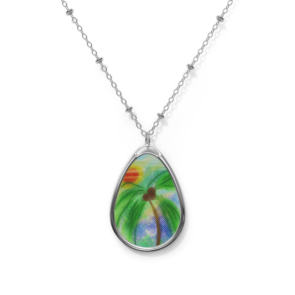 Oval Pendant Necklace — Tropical Palm Watercolor Teardrop Necklace