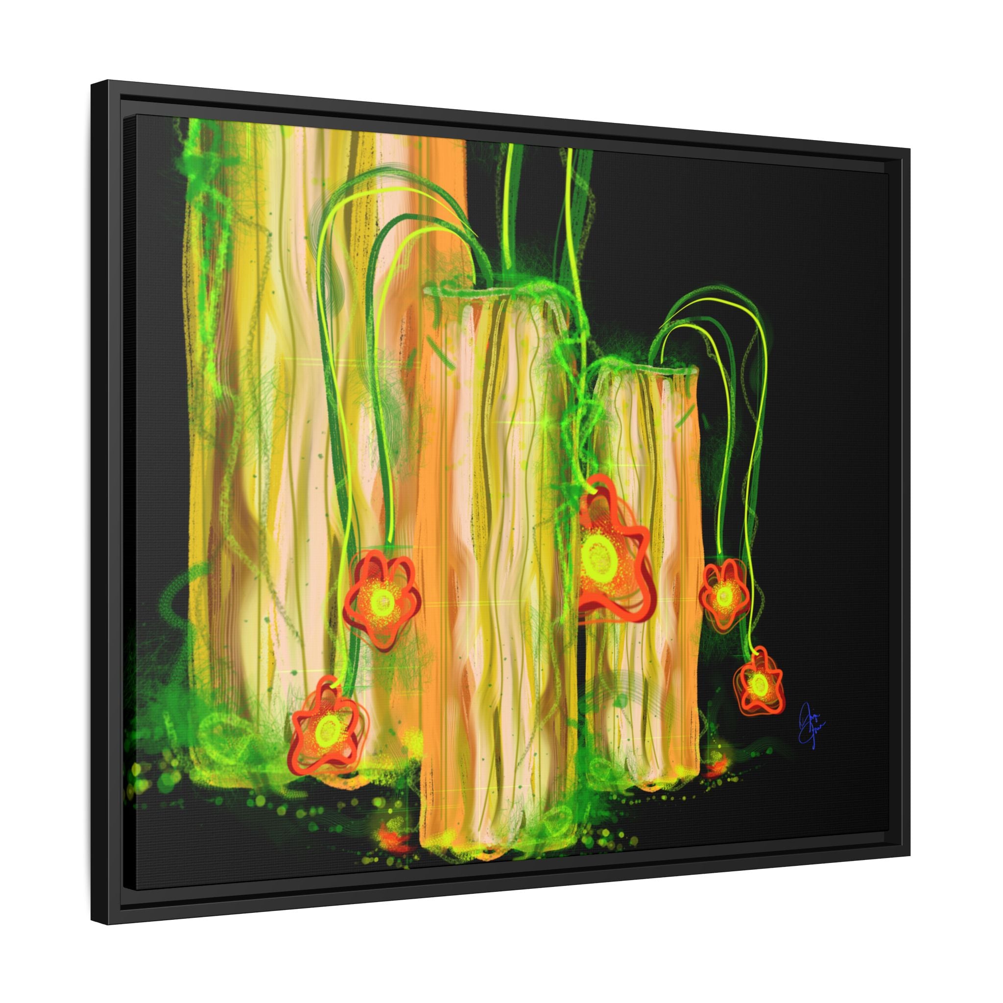 Framed Matte Canvas Print — Neon Floral Candlelight Art