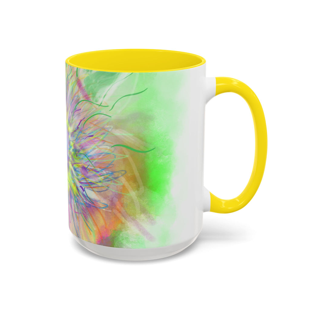 Colorful Sunflower Accent Coffee Mug — Pink Inner Artistic Floral Design (11/15 oz)