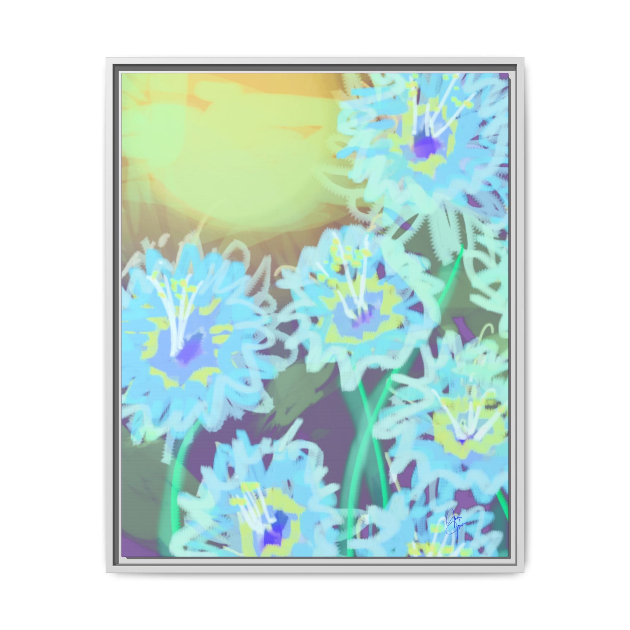 Framed Floral Canvas Art — Blue & Yellow Abstract Bouquet (Matte)
