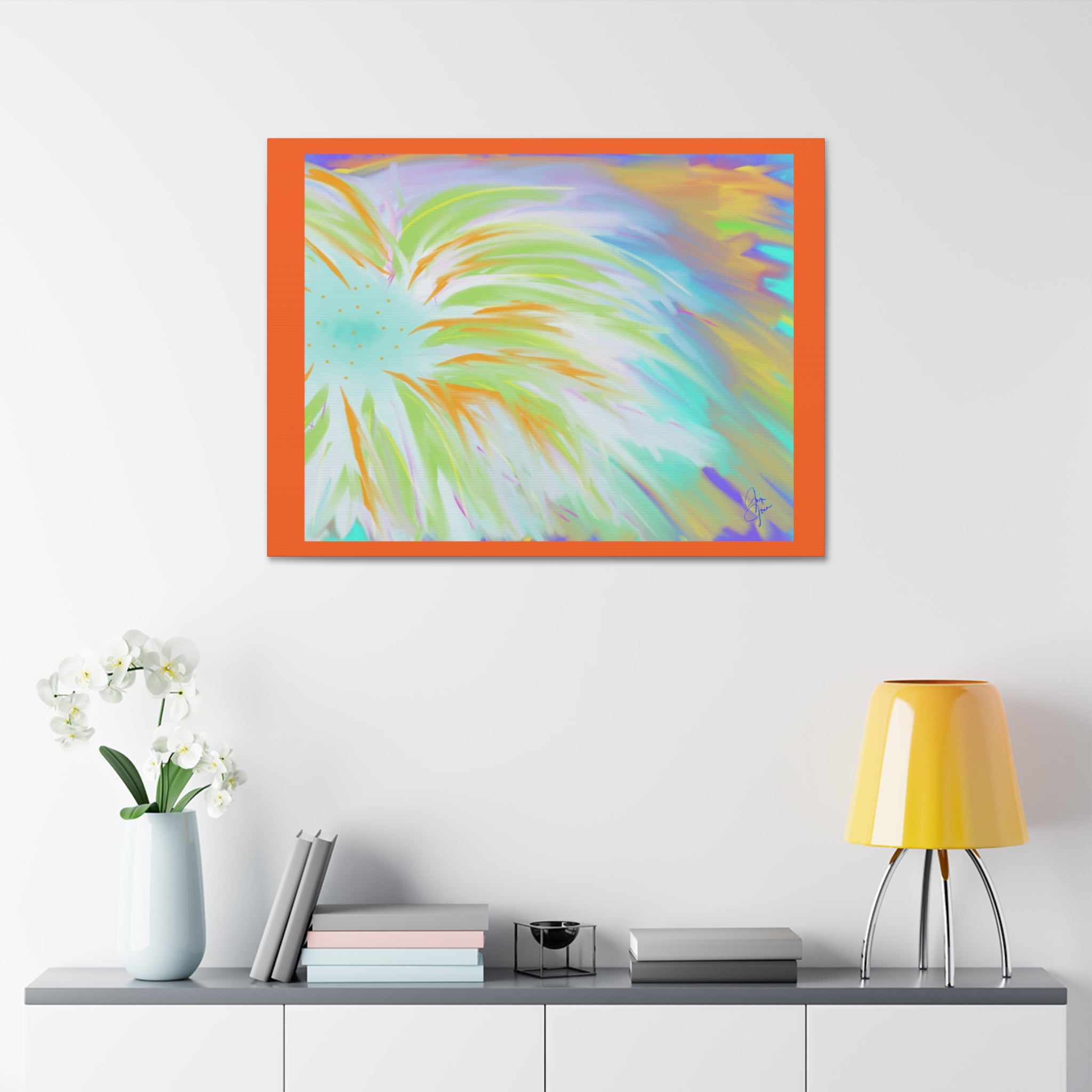 Abstract Sunburst Canvas Stretched Art - Turquoise, Lime & Coral Wall Decor