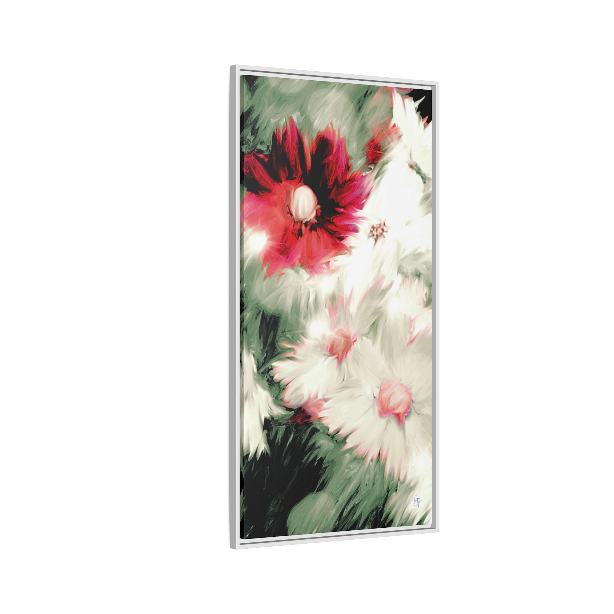 Framed Matte Canvas Print — Blurred Red & White Floral Art