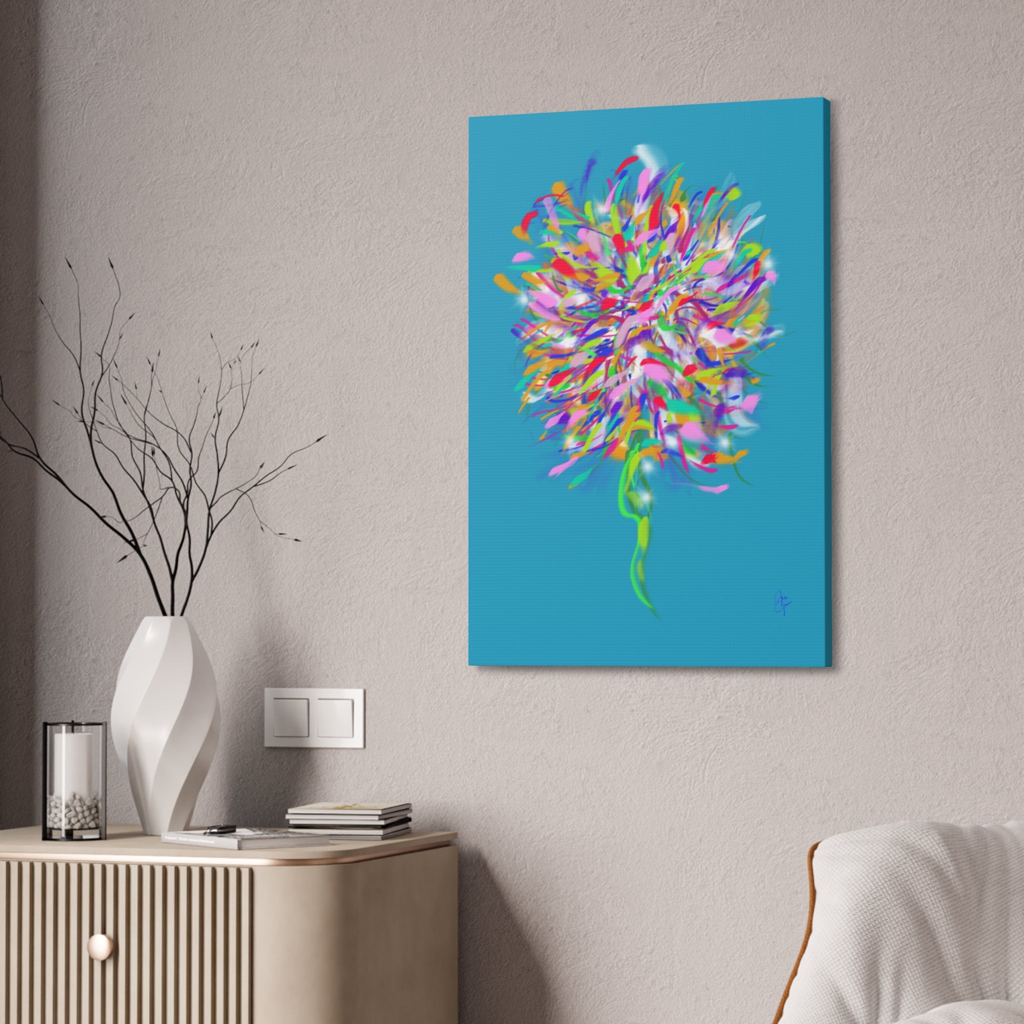 Abstract Floral Burst Canvas Print — Colorful Flower Wall Art on Deep Blue