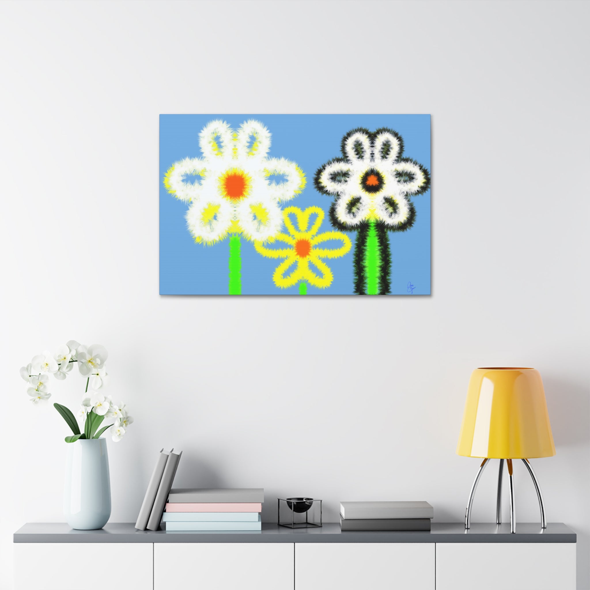Bright Fuzzy Daisies Canvas Art — Yellow Floral Wall Decor, Stretched 1.5"