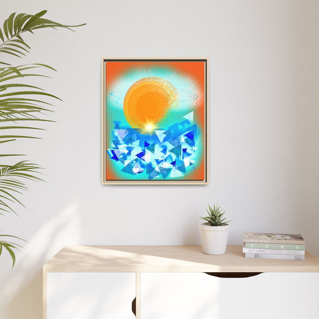 Abstract Sunrise Framed Canvas Art – Orange Sun Over Blue Geometric Waves
