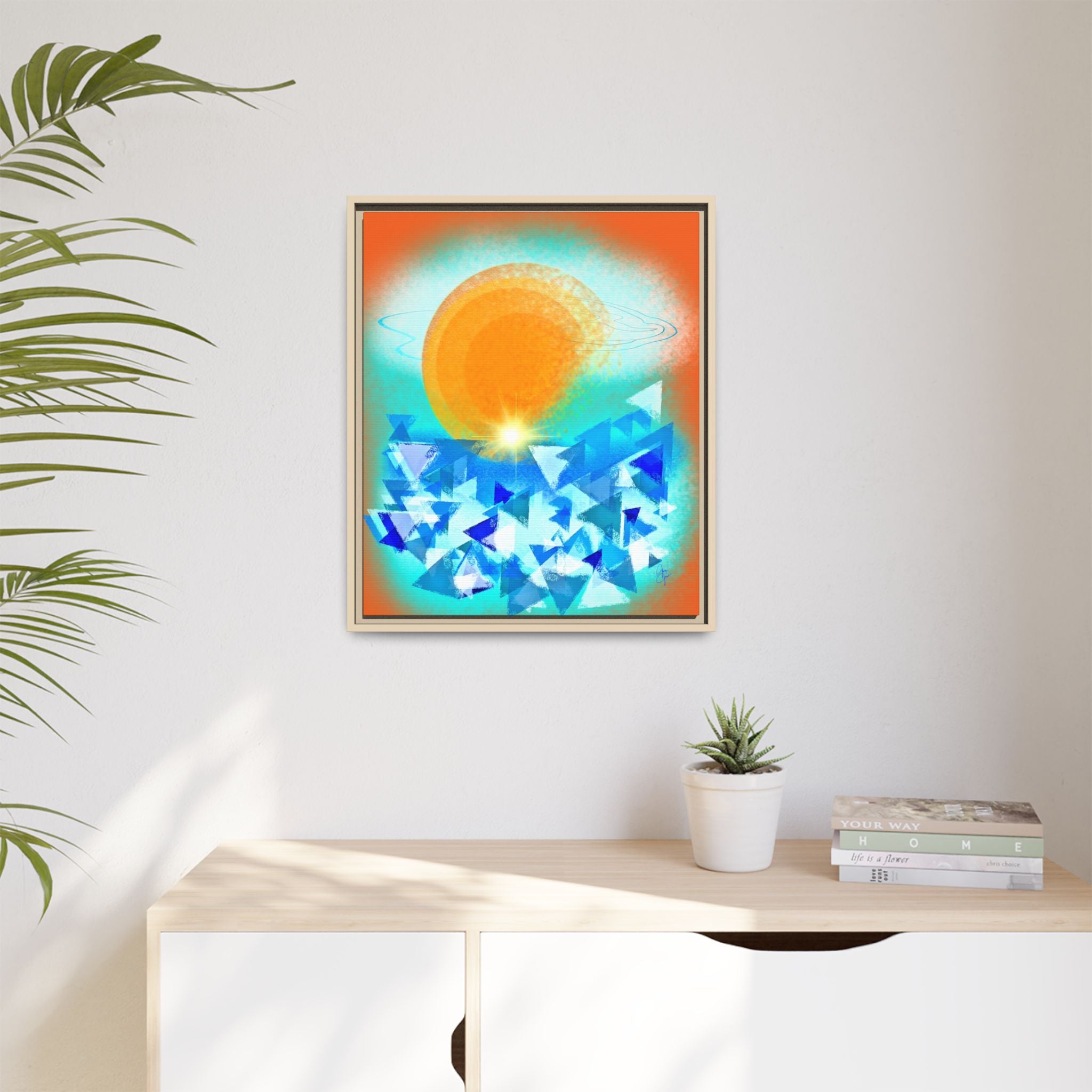 Abstract Sunrise Framed Canvas Art – Orange Sun Over Blue Geometric Waves