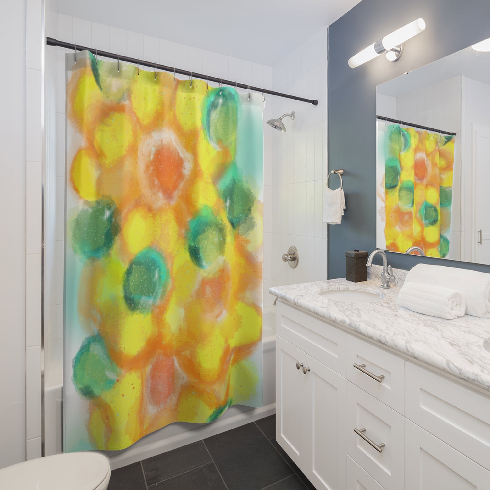 Abstract Citrus Bloom Shower Curtain — Bright Watercolor Floral Bathroom Decor