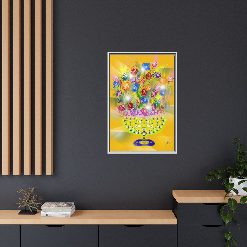 Framed Canvas Art - Colorful Festive Bouquet on Deep Blue Matte