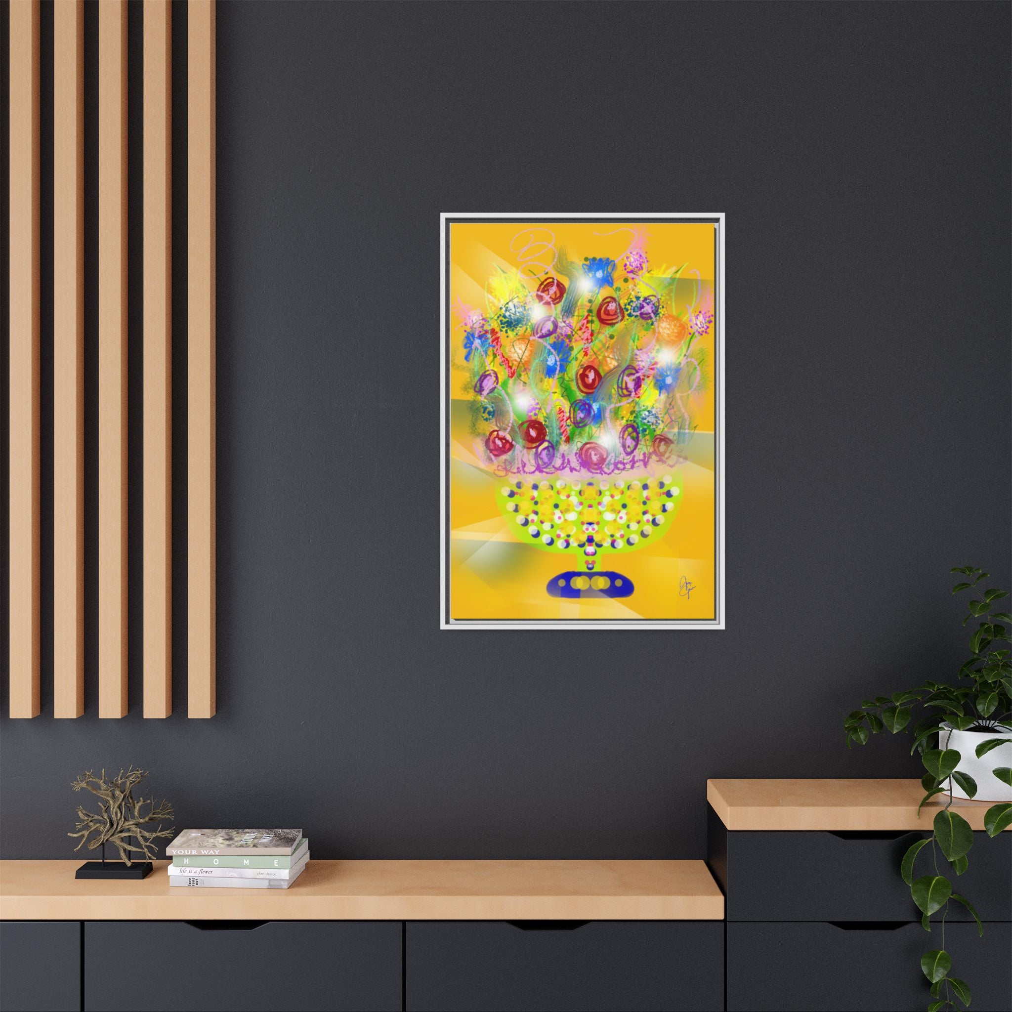 Framed Canvas Art - Colorful Festive Bouquet on Deep Blue Matte
