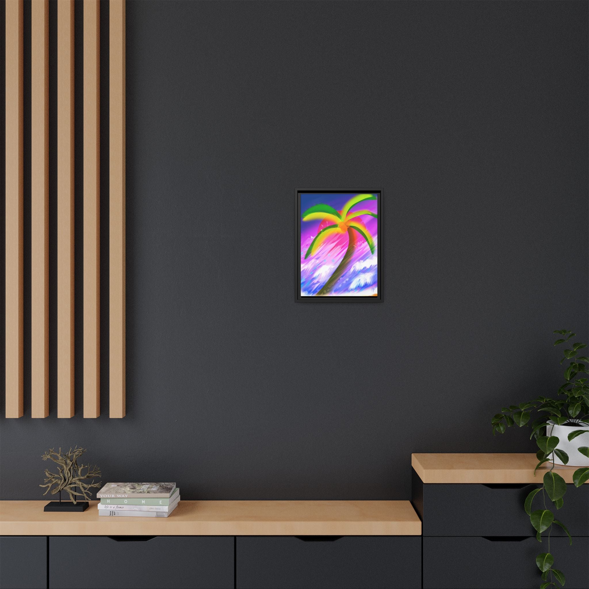 Framed Matte Canvas Print — Neon Palm Beach Art