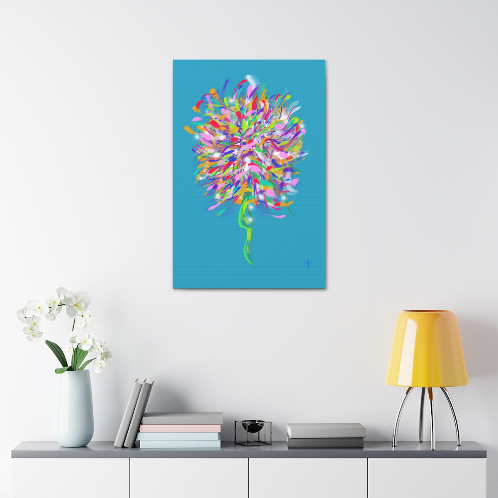 Abstract Floral Burst Canvas Print — Colorful Flower Wall Art on Deep Blue