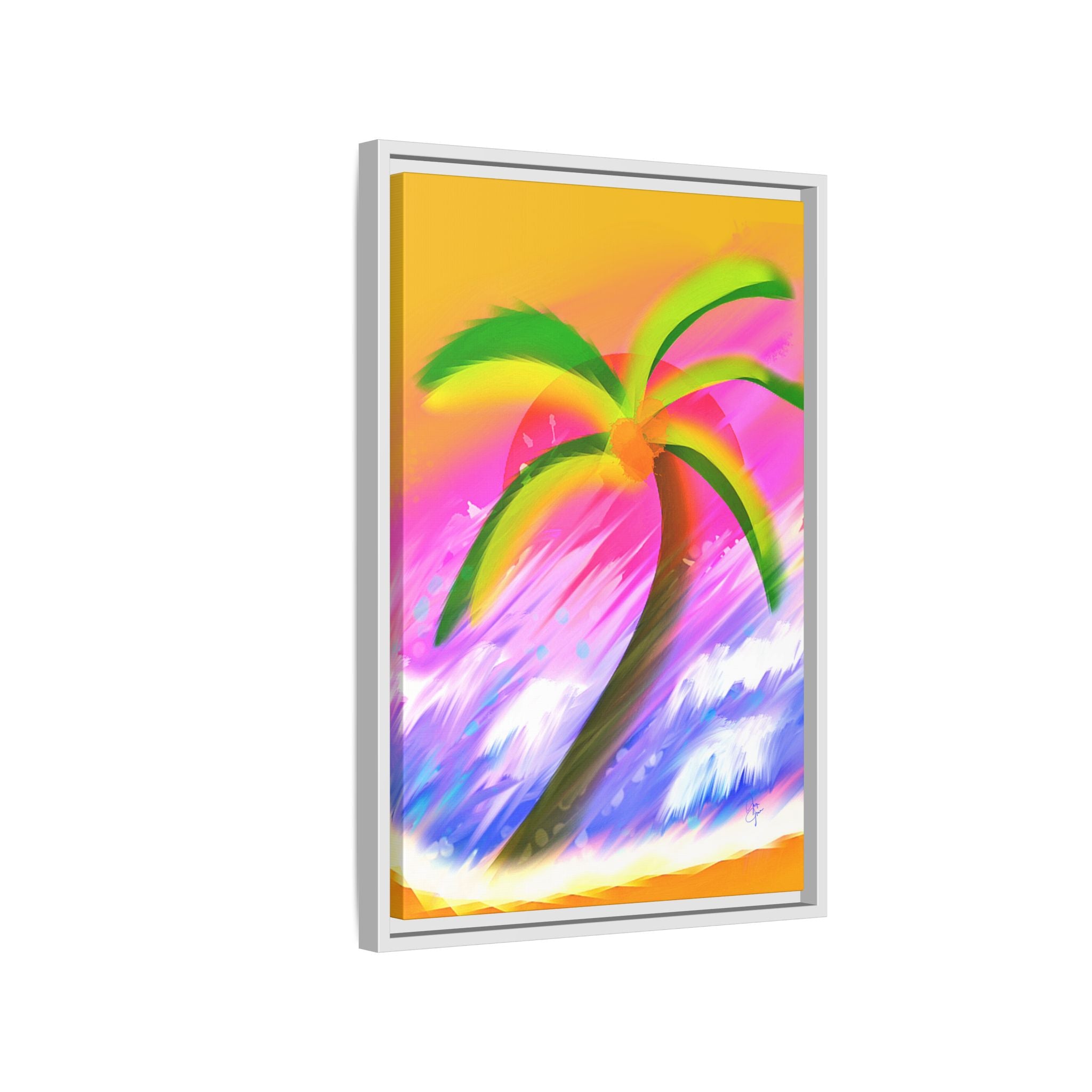 Framed Matte Canvas Print — Neon Palm Beach Art