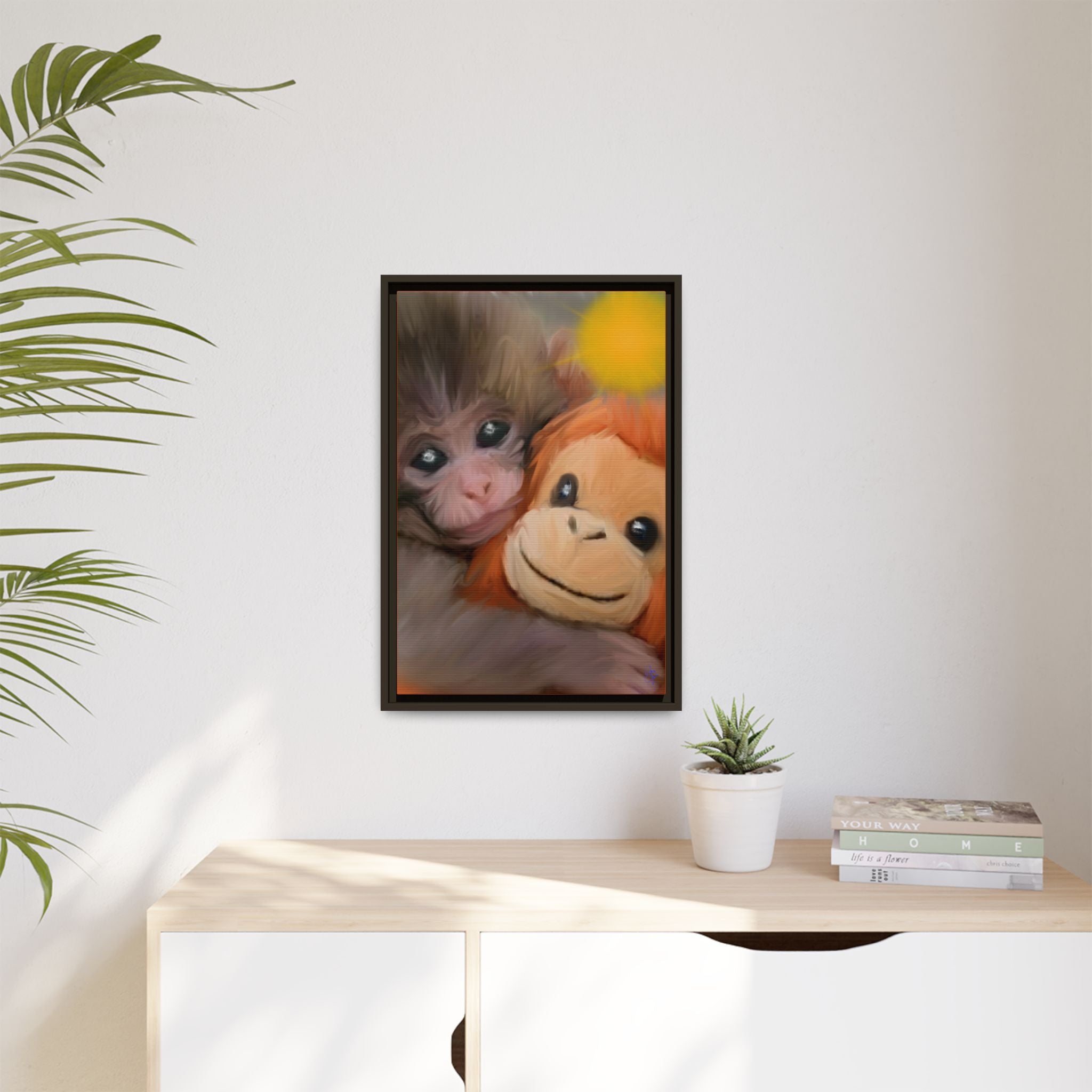 Framed Matte Canvas Print — Baby Monkey & Plush Orangutan Wall Art