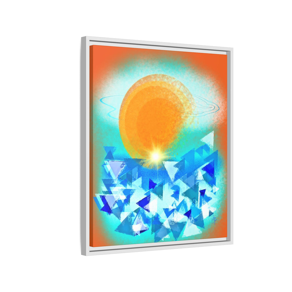 Abstract Sunrise Framed Canvas Art – Orange Sun Over Blue Geometric Waves