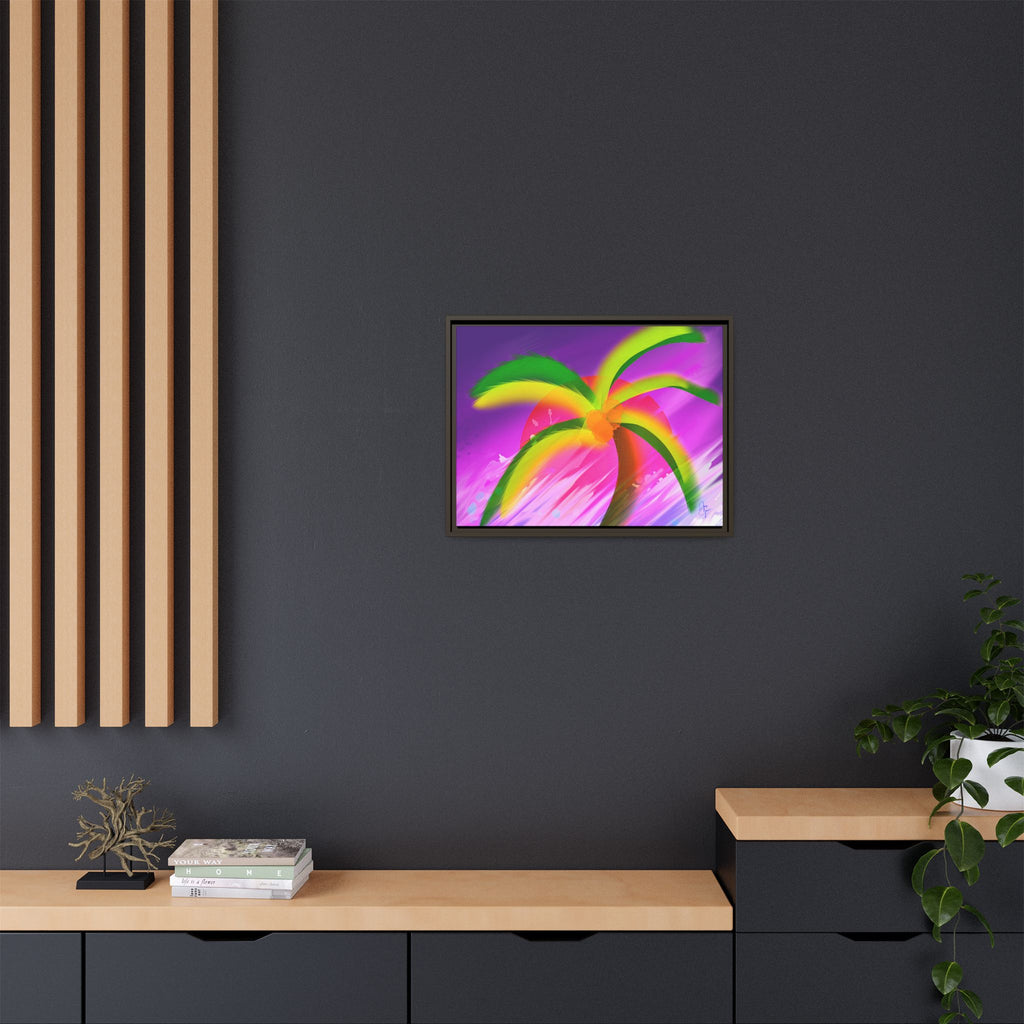 Framed Matte Canvas Print — Neon Palm Beach Art
