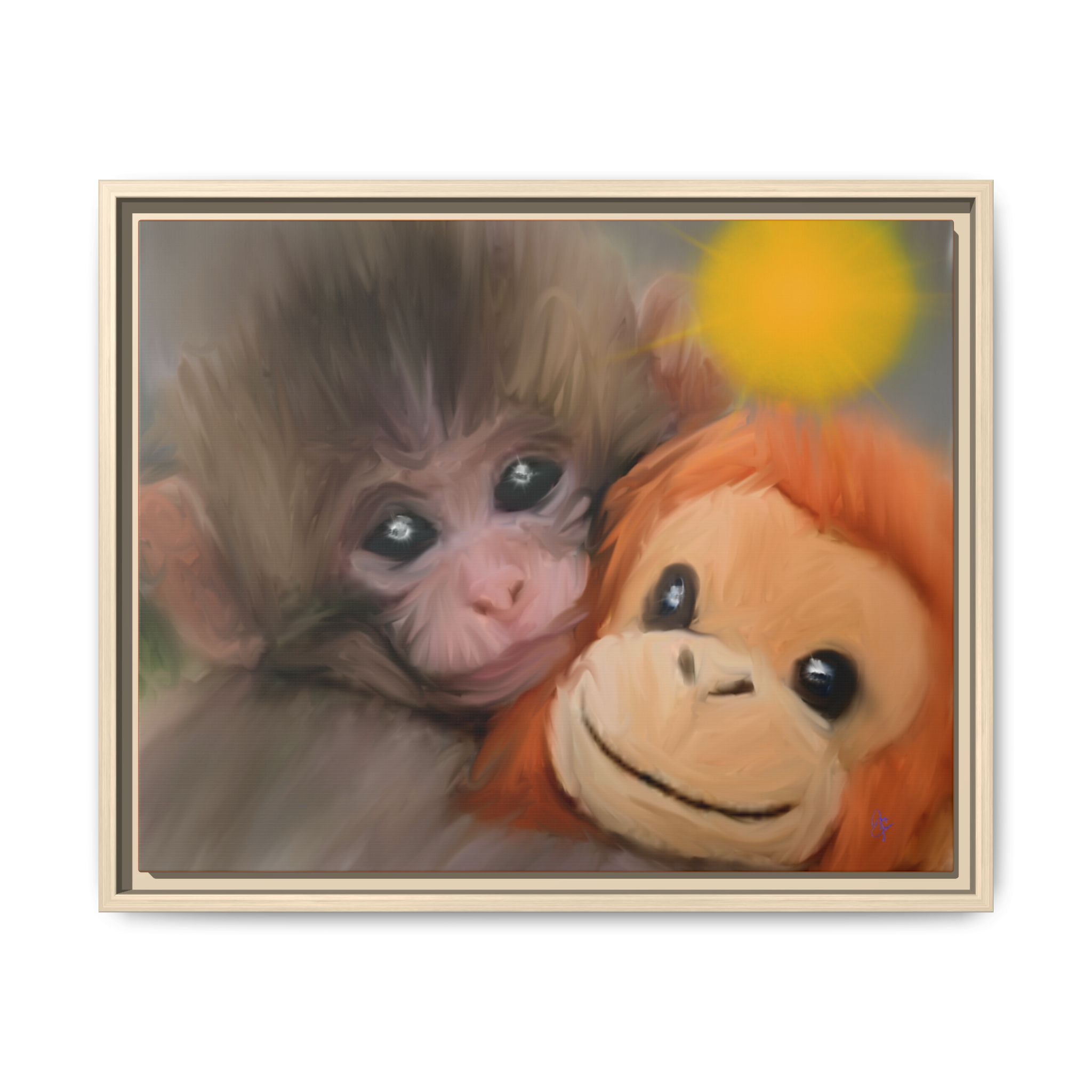 Framed Matte Canvas Print — Baby Monkey & Plush Orangutan Wall Art