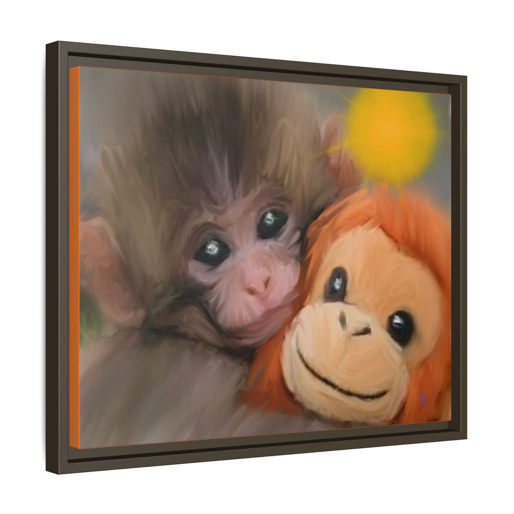 Framed Matte Canvas Print — Baby Monkey & Plush Orangutan Wall Art