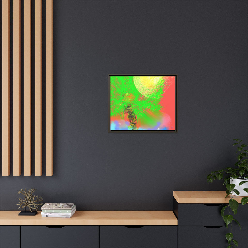 Abstract Neon Tree Matte Canvas Framed Art — Vibrant Green Moon Landscape