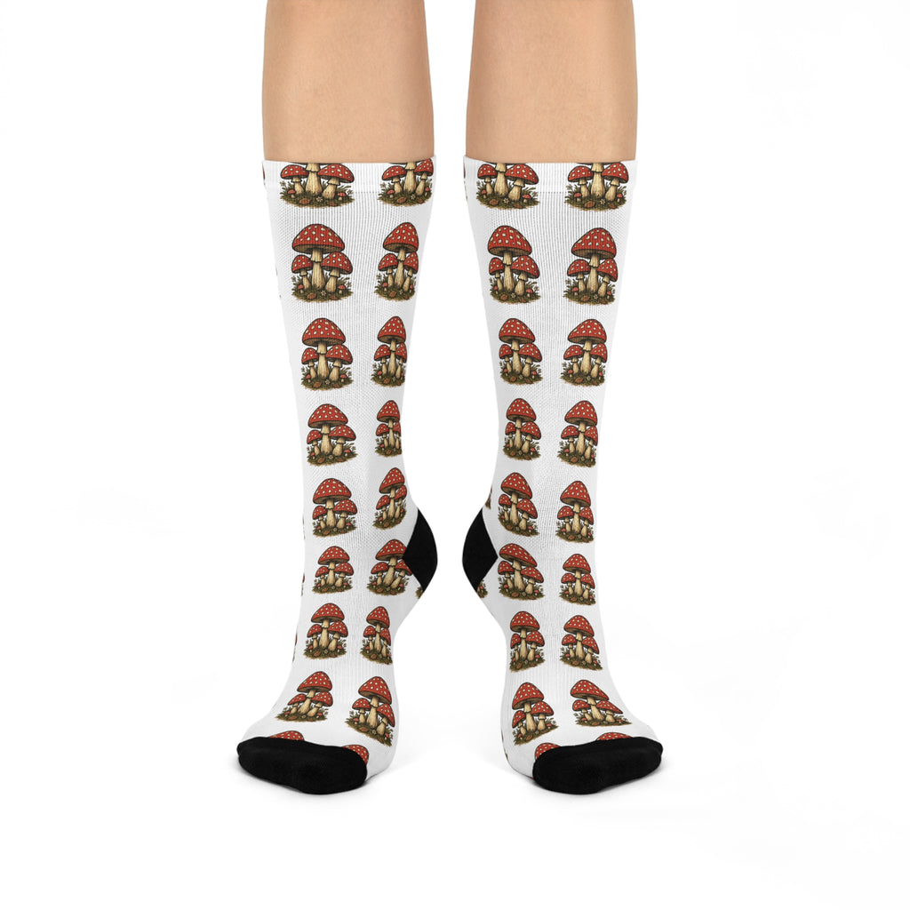 Mushroom Pattern Cushioned Crew Socks — Funky Red Toadstool Knee-High Socks