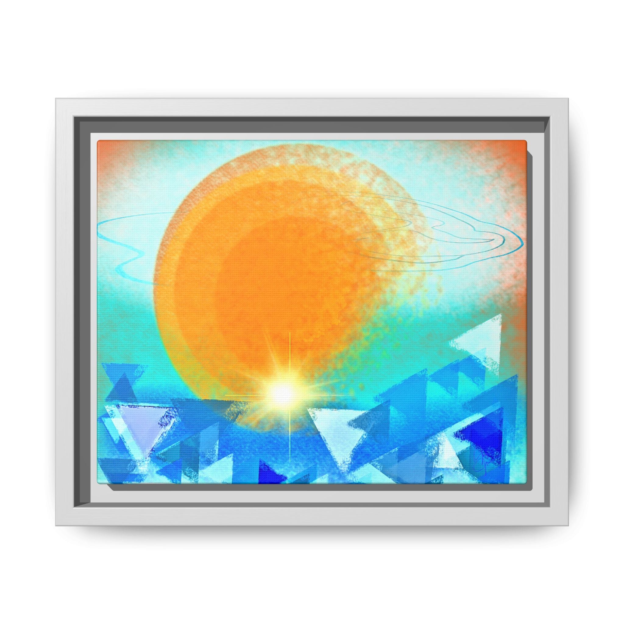 Abstract Sunrise Framed Canvas Art – Orange Sun Over Blue Geometric Waves