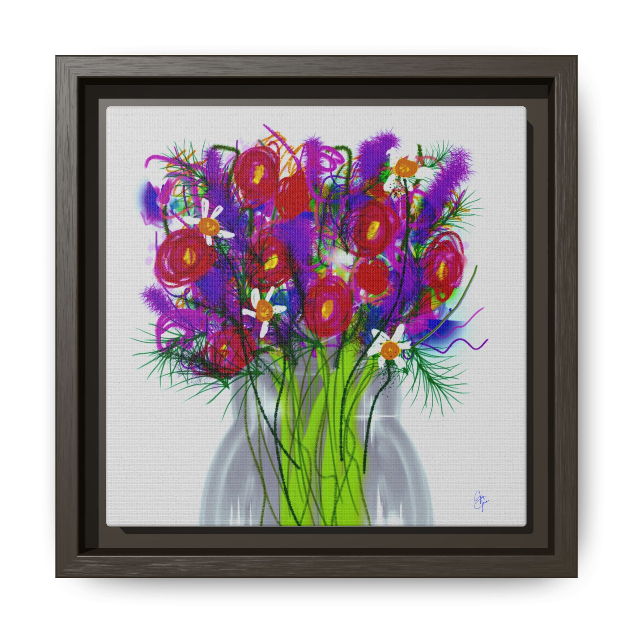 Framed Floral Bouquet Matte Canvas Wall Art — Colorful Abstract Flowers in Vase