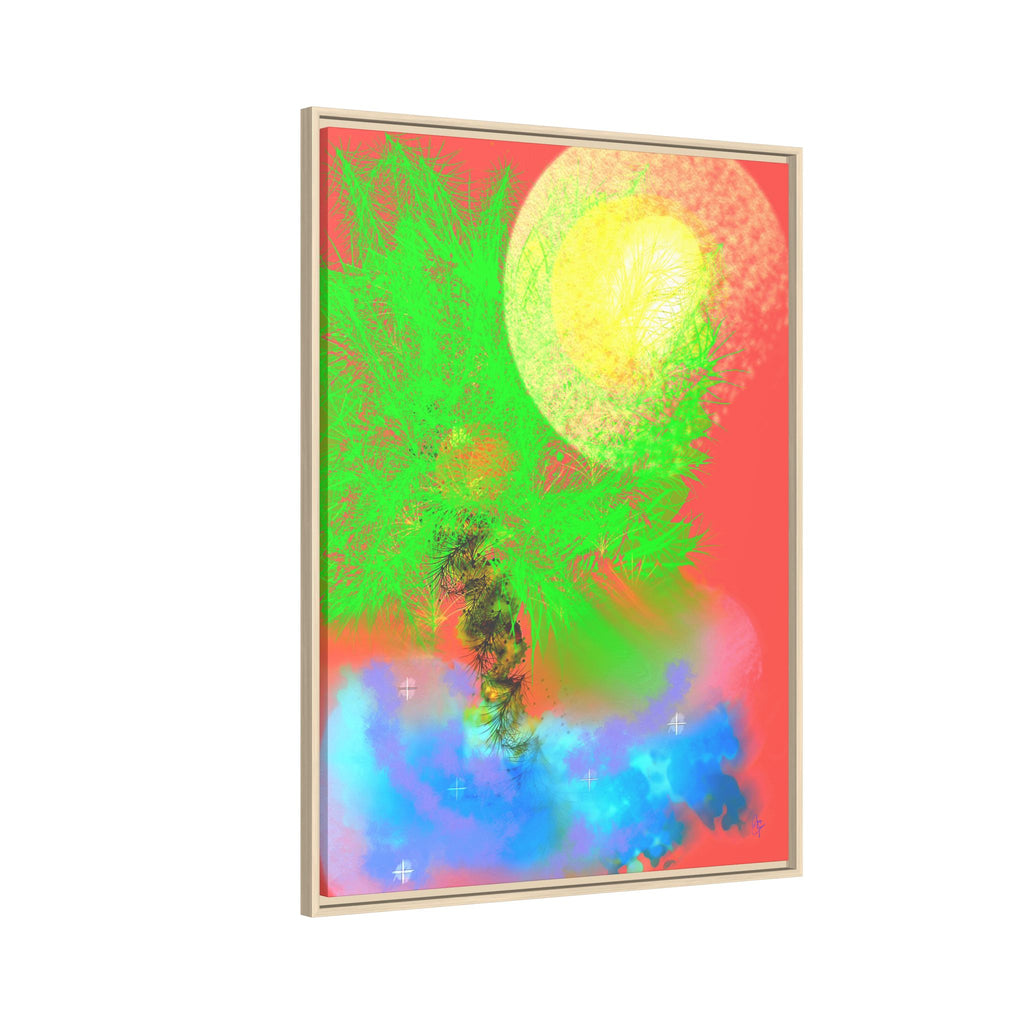Abstract Neon Tree Matte Canvas Framed Art — Vibrant Green Moon Landscape