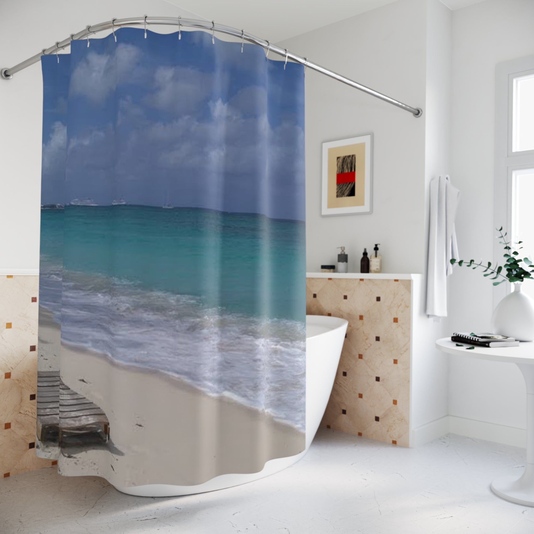 Serene Beach Shower Curtain - Coastal Ocean Wave Decor