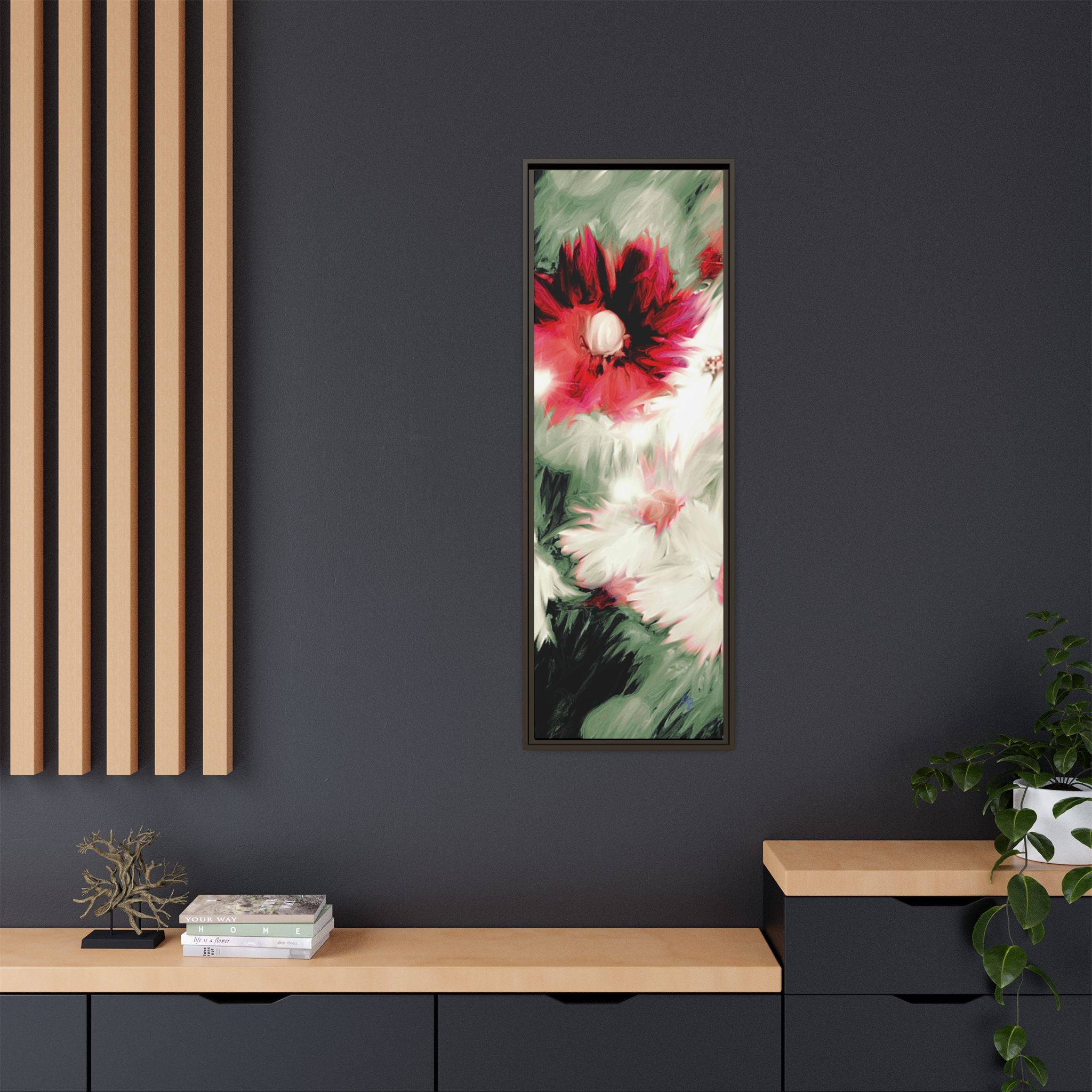 Framed Matte Canvas Print — Blurred Red & White Floral Art