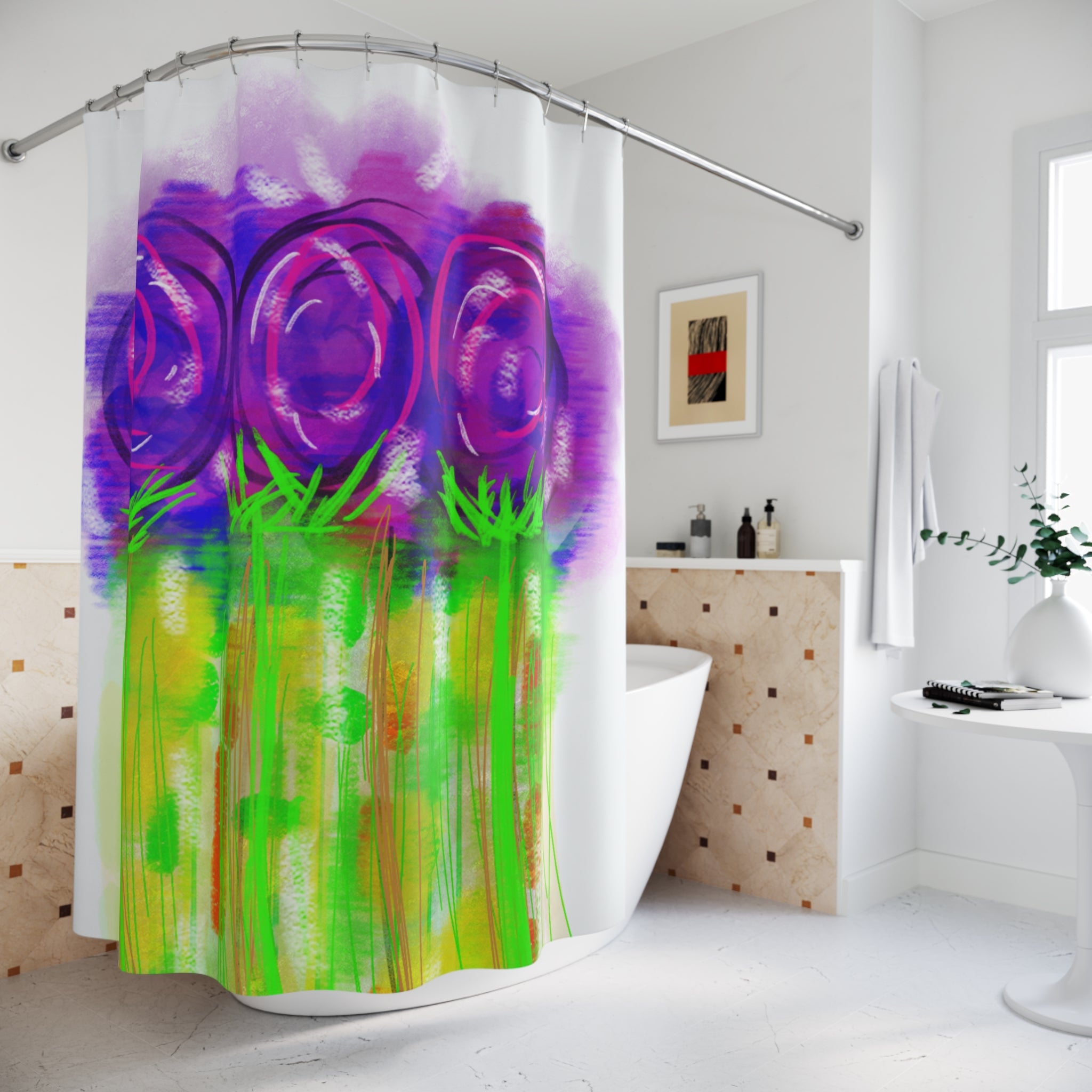 Purple Floral Shower Curtain – Abstract Watercolor Roses Bathroom Decor
