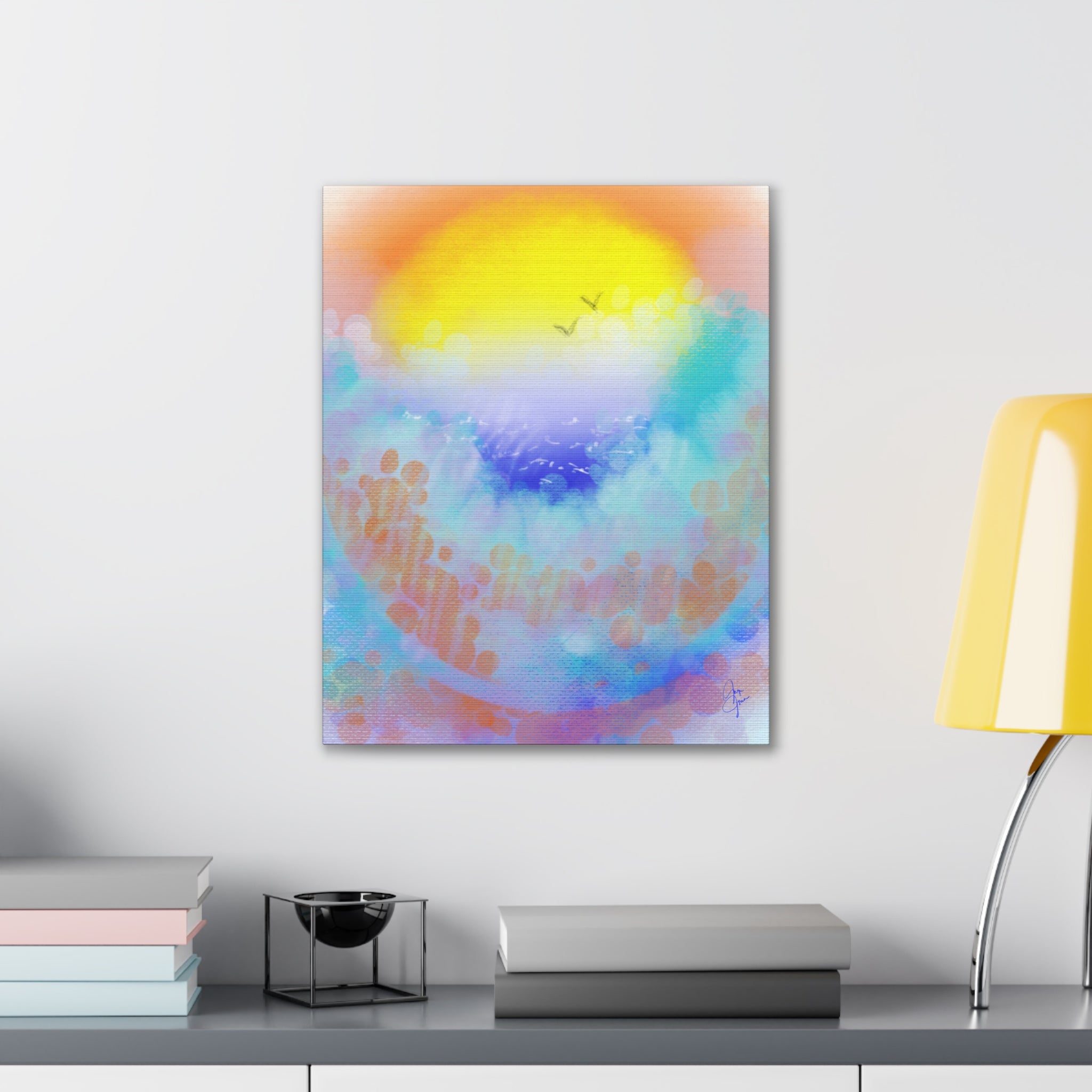 Sunrise Seascape Canvas Wall Art – Pastel Ocean Waves with Birds