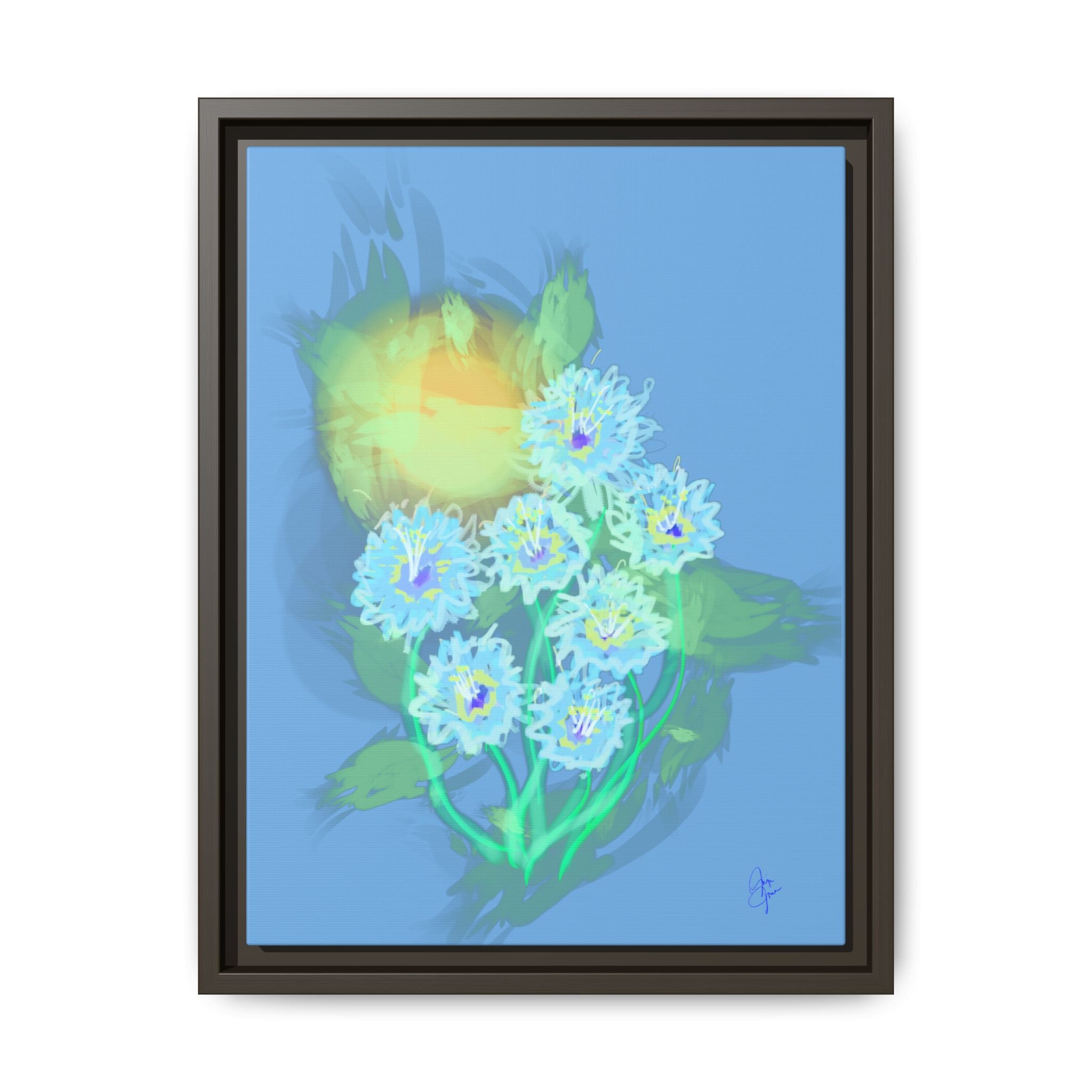 Framed Floral Canvas Art — Blue & Yellow Abstract Bouquet (Matte)