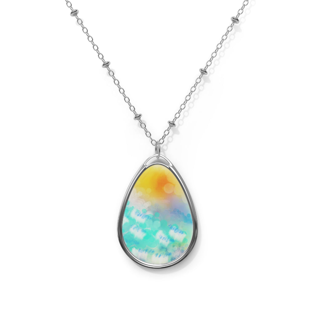Oval Teardrop Sunrise Pendant Necklace — Colorful Beach Watercolor Oval Necklace
